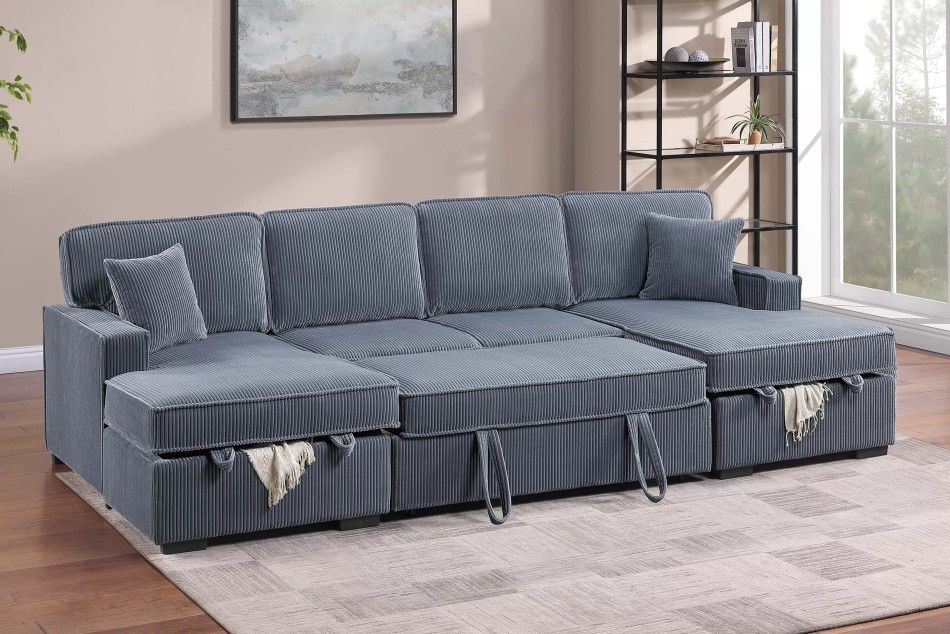 Brand New Grey Corduroy Sectional Sofa Storage Sleeper 