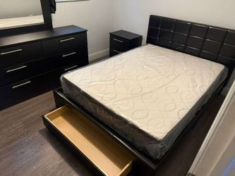 Full size bed frame with mattress and 1 nightstand dresser and mirror all new furniture free delivery free installation