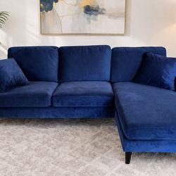 Blue Velvet Sectional Sofa w/ Chaise – Clean & Comfortable “FREE DELIVERY”