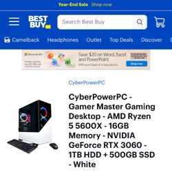 CyberPowerPC - Gamer Master Gaming Desktop - AMD Ryzen 5 5600X - 16GB Memory - NVIDIA GeForce RTX 3060 - 1TB HDD + 500GB SSD - White