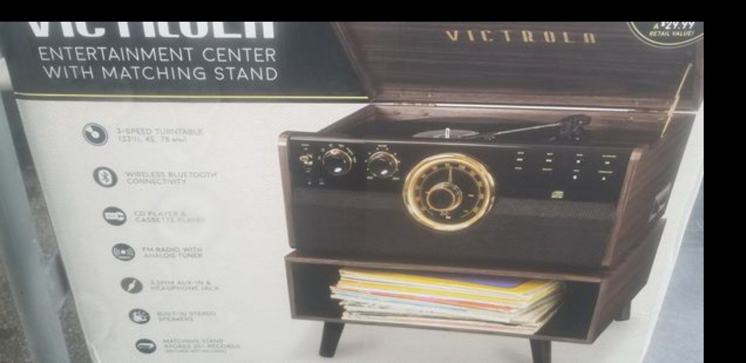 Victrola bluetooth record player stereo system with stand and record holder