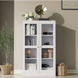 Modern White Storage Cabinet with Glass Doors & Shelving