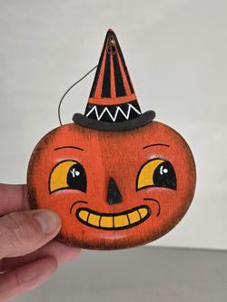 Johanna Parker Design Transpac Halloween Wood Pumpkin Ornament Vintage Style Hat