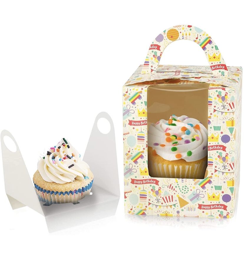 Single Happy Birthday Cupcake Boxes, EZSOZO Individual Cupcake Containers Cupcake Gift Boxes Window Insert and Handle, Cupcake Carriers Birthday Party