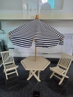 Miniature Wood Table, 2 Chairs & Umbrella for Beach Themed Decor