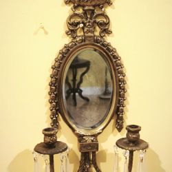 Pair of Antique Brass Candle Sconces with Opera Mirror And Crystal Pendants 