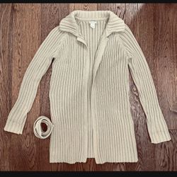 J. Crew Tie Waist Long Open Cardigan Cotton Sweater Ribbed Cable Knit Brown S
