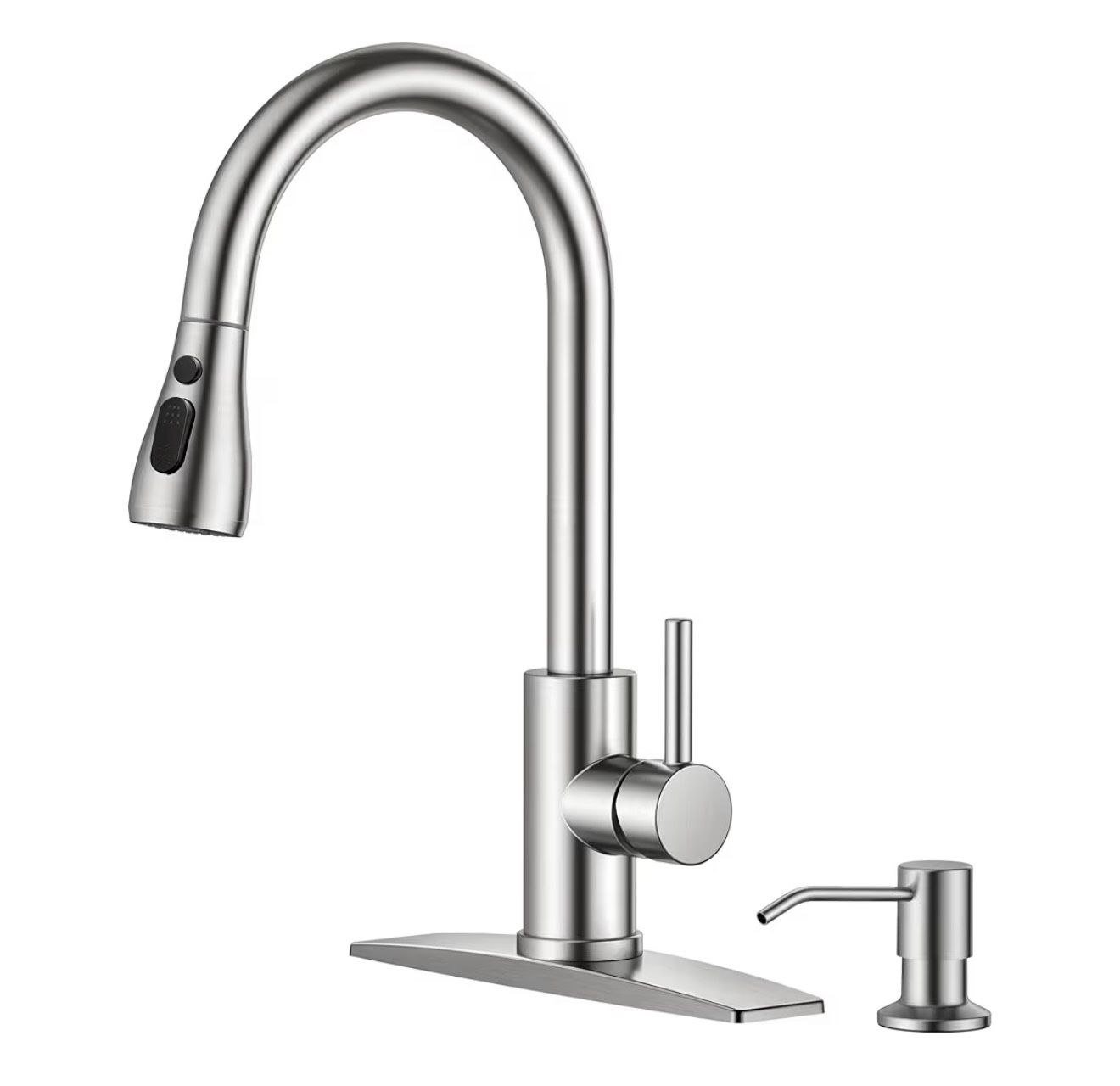 Kitchen Faucet with Soap Dispenser, Brushed Nickel, Single Handle Stainless Steel Transitional Sink Faucet with Pull Down Sprayer 1 or 3 Hole, Suitabl