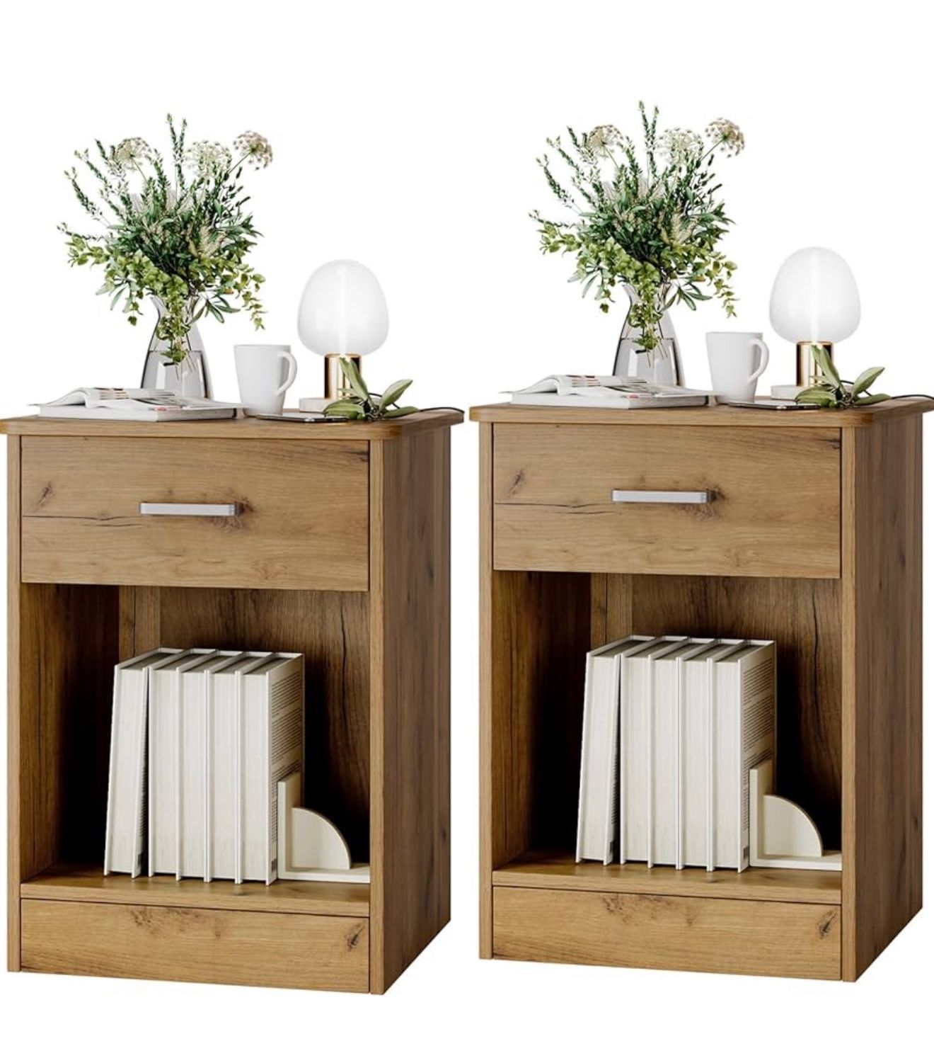 FOTOSOK Nightstand Set of 2, 2-Tier Side Table with Drawer and Storage Shelf, Bedside Table End Table, Modern Night Stand for Bedroom, Home Office,Woo