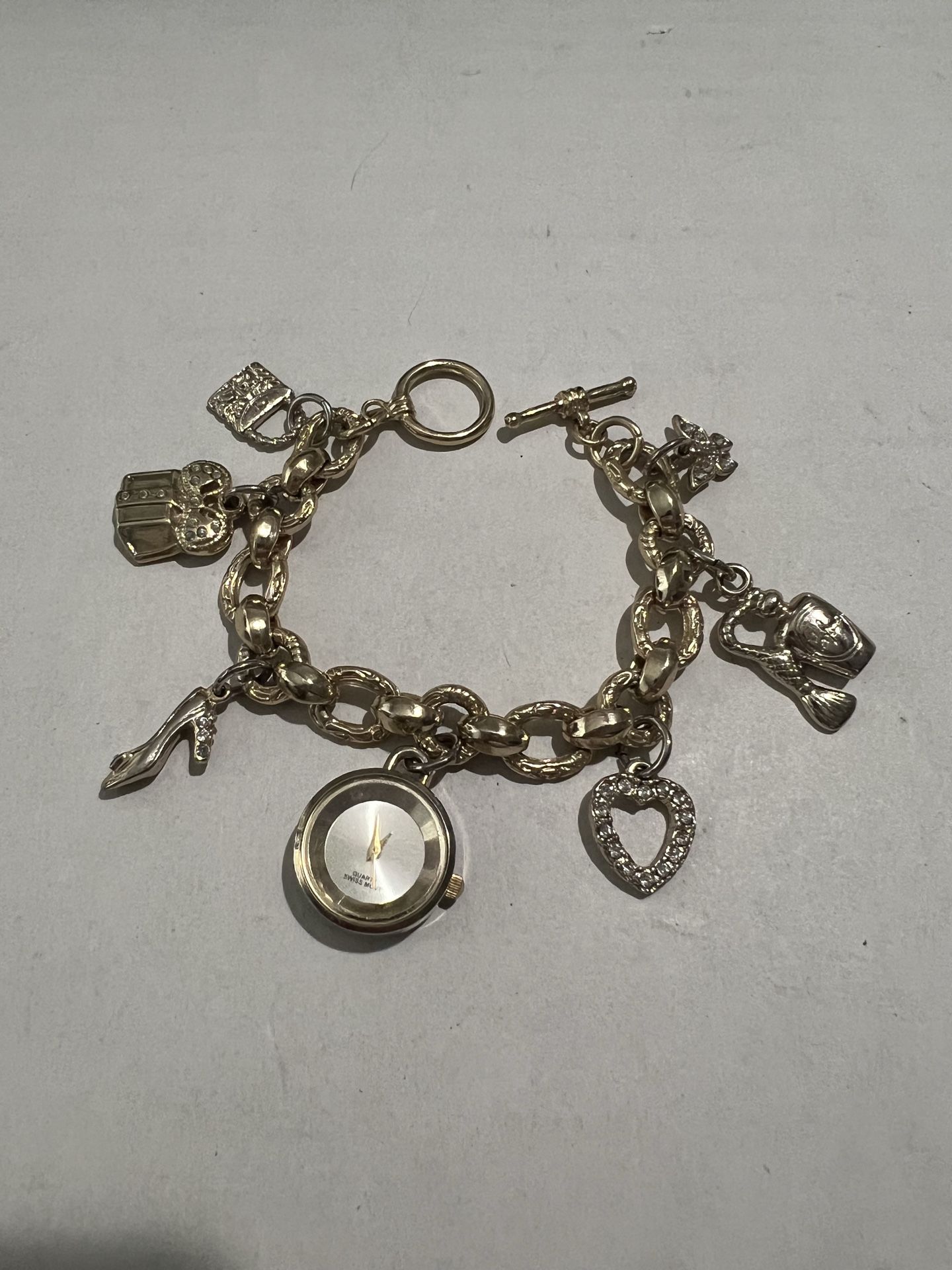Vintage Gold Tone Swiss Made Charm Watch Bracelet