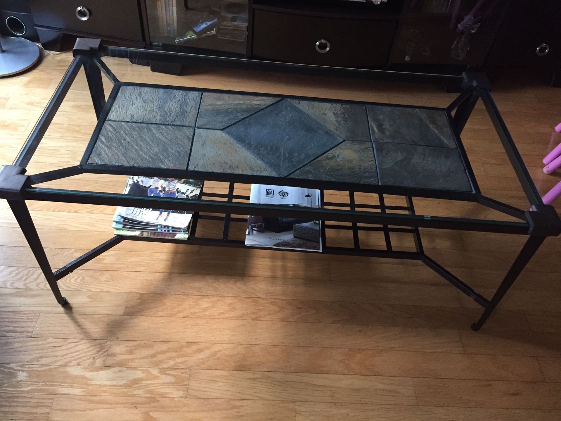 Glass & wrought iron coffee table & end tables