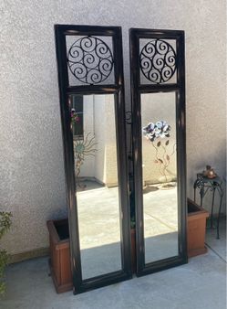 Pair of Vintage Ornate Metal Distressed Wood Tall Wall Mirror
