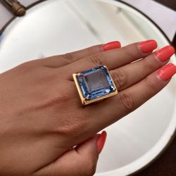 14K & Blue Topaz Cushion Antique Ring