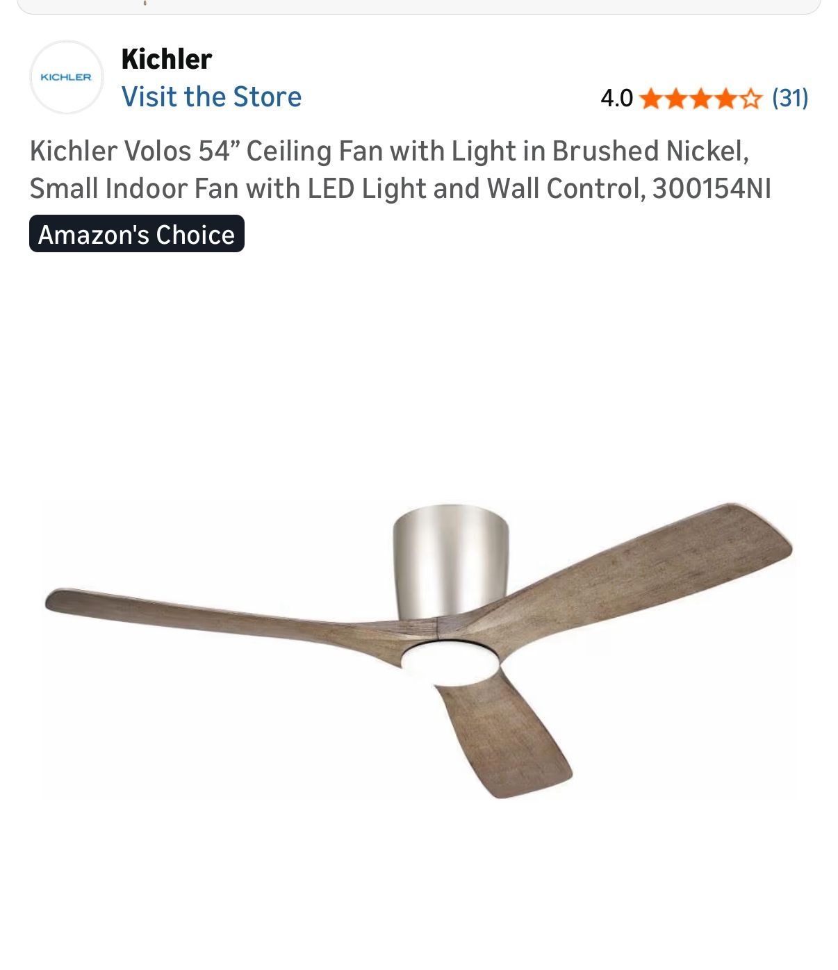 Kichler Volos 54” Ceiling Fan with Light in Brushed Nickel, Small Indoor Fan with LED Light and Wall Control, 300154NI