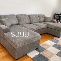 Beautiful Corduroy Sectional Sofa Set With 2 Accent Pillows 