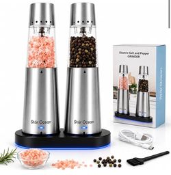 Star Ocean Automatic Gravity-Driven Electric Salt and Pepper Grinder Set - Stainless Steel, Sleek Minimalist Contemporary Design, Countertop Kitchen E