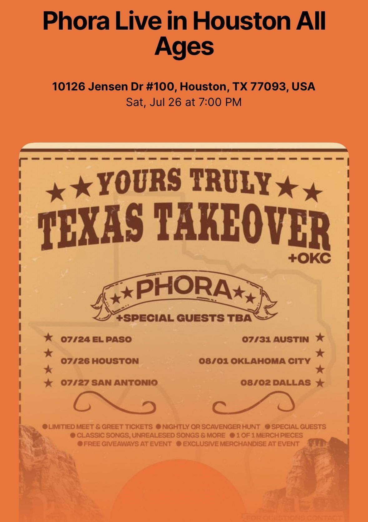 PHORA Concert Tickets (2x) FOR SALE! HTX 