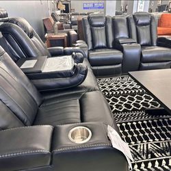 LH 👉$39 Down Payment  For Financing 👉 Caveman Black Leather Power Reclining Sofa And Loveseat Home Theater Movie Seating 