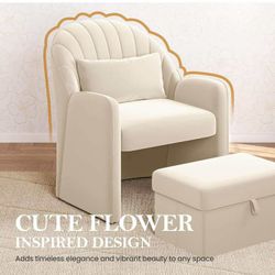 Small Barrel Accent Chair with Footrest, Velvet Modern Comfy Cute  Beige M-22