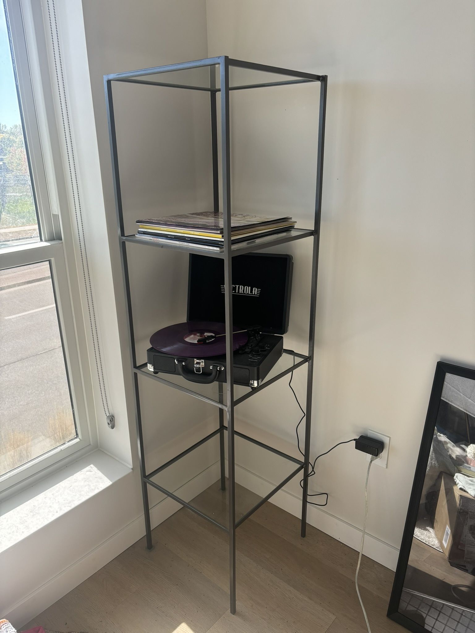 Gray Metal Shelving Unit w/ Glass Shelves (Etagere)