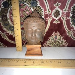Vintage Iron Buddha Head On Wood Base