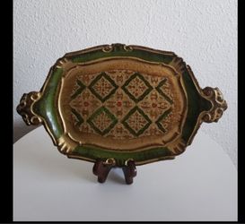 MC Italian hand made floral wood small serving tray platter trinket dish.