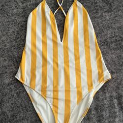 Cute Forever 21 Yellow and White Striped Swimsuit Medium