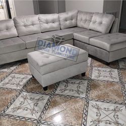 GREY VELVET SECTIONAL W/ OTTOMAN:/ FLOOR MODEL SPECIAL