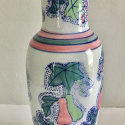 Vintage Chinese Porcelain 10 Inch Vase, Hand Painted With Blue, Green & Pink Fruit & Berry Design
