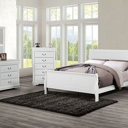 White Queen 4 Piece Bedroom Set- Queen Bed, Nightstand, Dresser & Mirror 