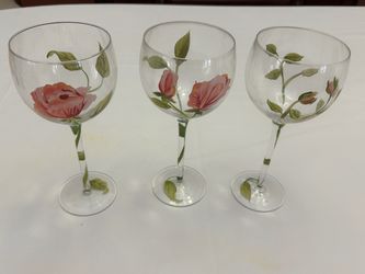 Floral Hand Painted Wine Glasses Set of 3