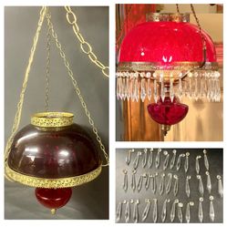 Victorian hanging parlor lamp. Antique library lamp, ruby red glass shade, crystal prisms, brass fittings. Chain is 155”