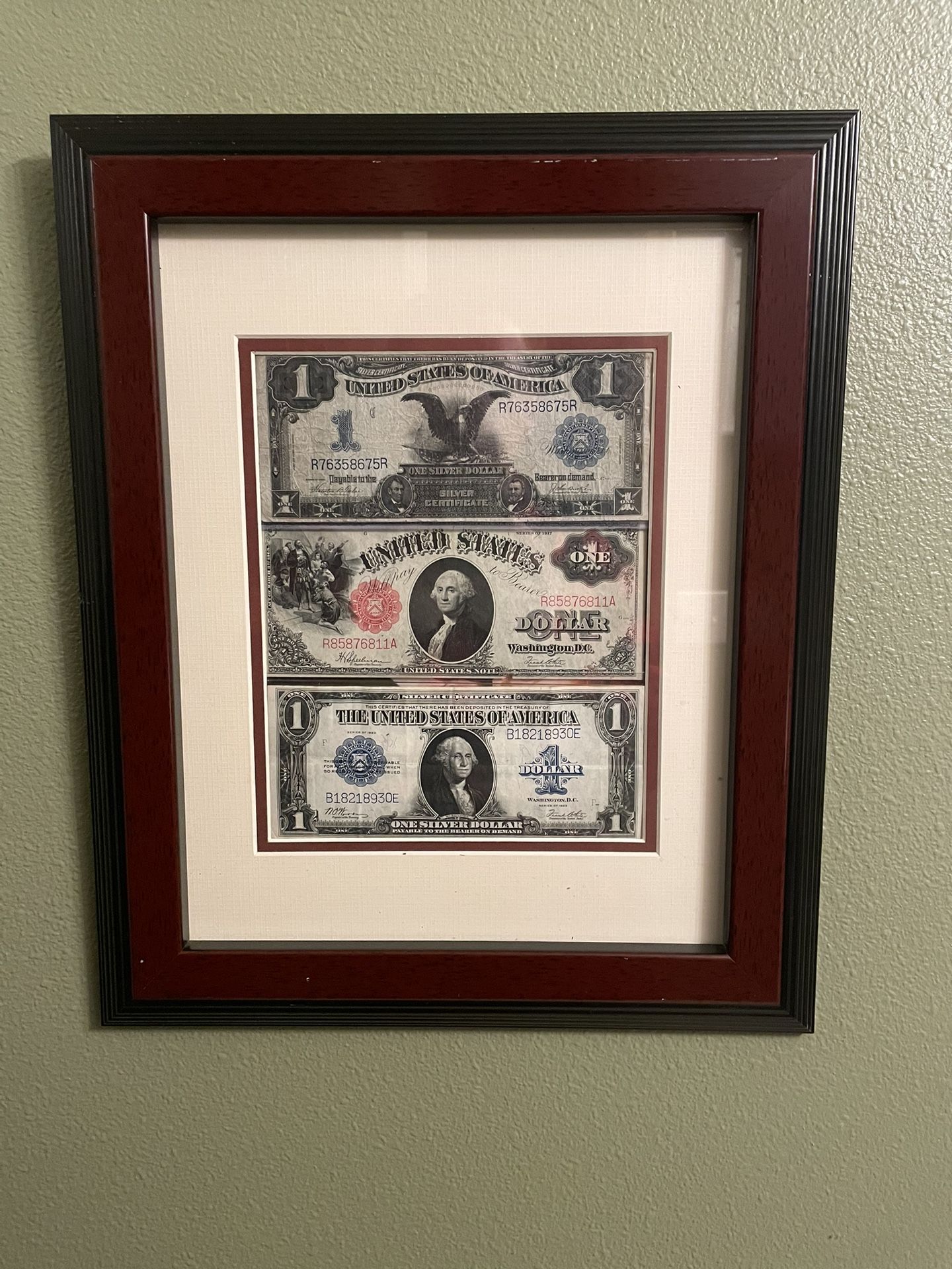 3 $1 Dollar Bills. Large Notes Framed