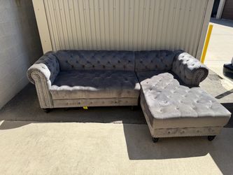 Gray Velvet Chesterfield Sectional Sofa