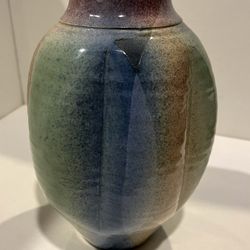Handmade Pottery Vase Blue, Green, Brown, and Maroon 9.5”