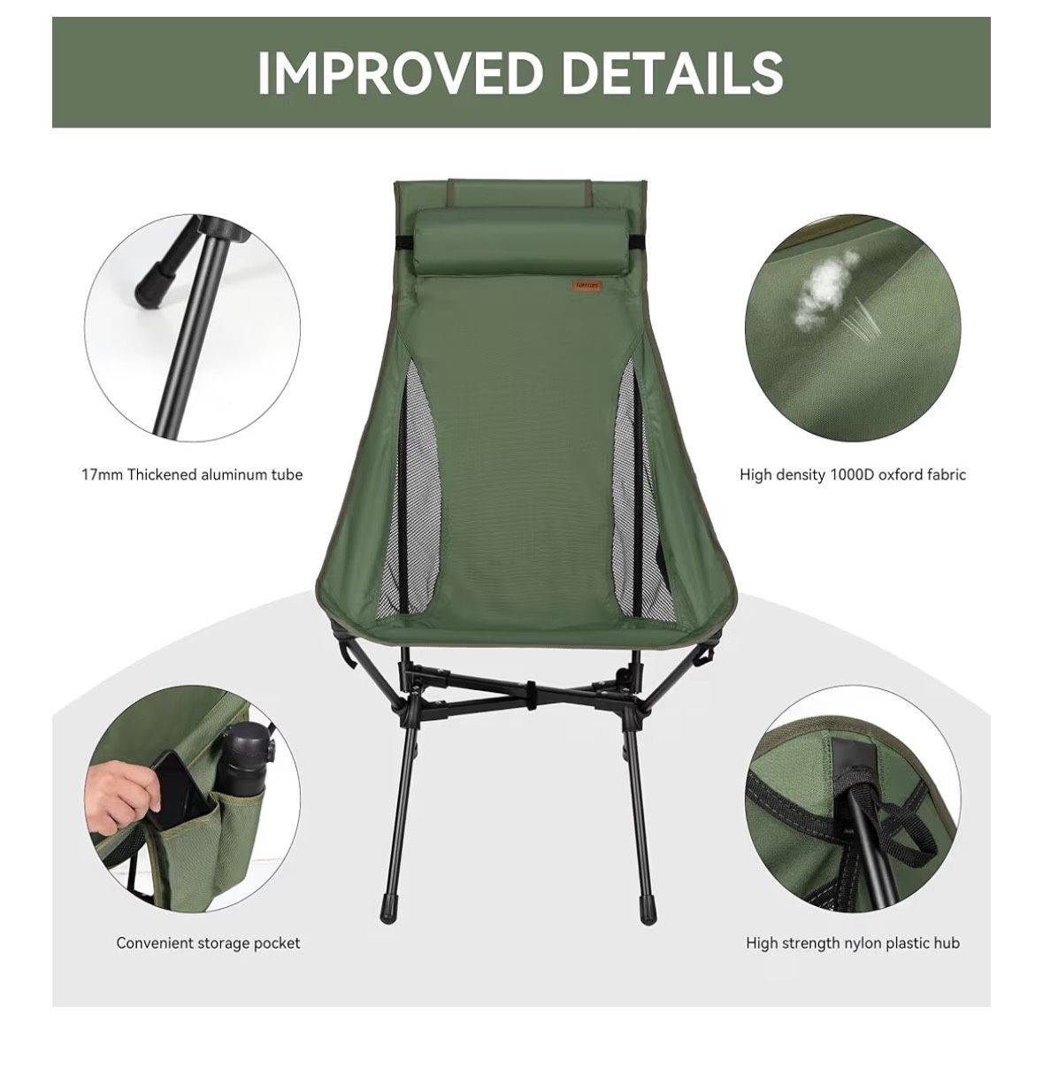 Back, Support Heavy Duty 440 lbs, Portable, with Detachable Pillow, for Camp, Hiking, Backpacking