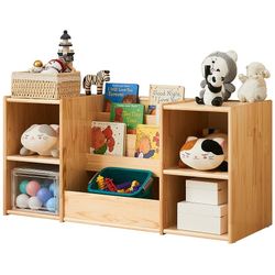 F3C | Montessori Bookshelf and Toy Storage | 3-Section Kids Bookshelf for Organizing Books | 2-Shelf Toy Organizers and Storage Cabinet | Natural Wood