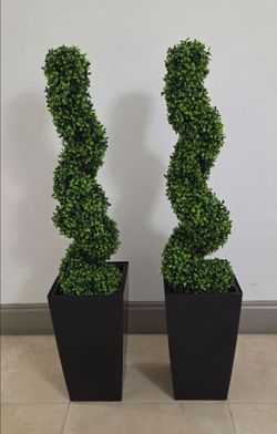 PAIR of 3ft Faux Boxwood Spirals in 16in Black Square Resin Planters (2 for $90) @ Lasting Creations