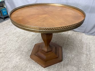 Vintage Starburst Round Wooden Side Table w/ Heart Engraved Brass Trim