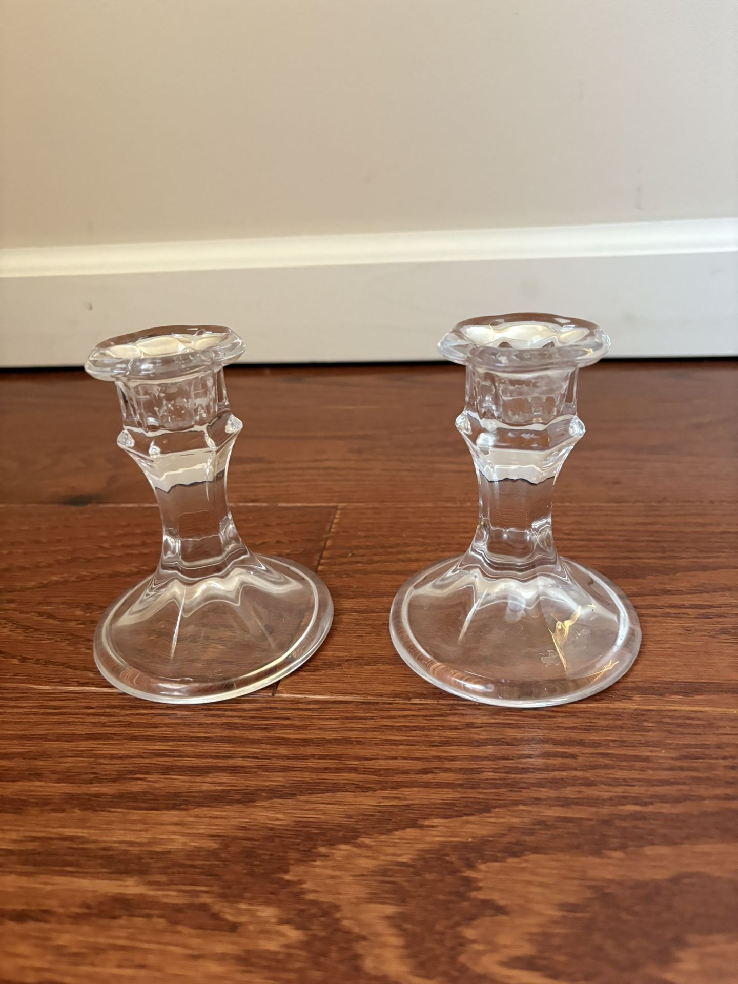 Pair Of Matching 4 Inch Clear Glass, Taper, Candles Stick Holders