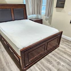 Quality REAL WOOD Queen Bed.   Headboard/ Leather With Drawers