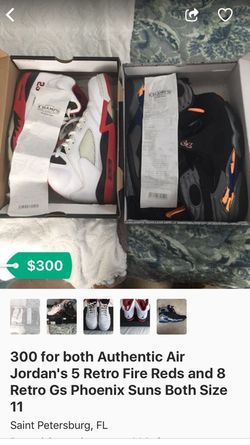 Barely worn authentic Jordan's 5 retro fire reds and 8 retro Gs Phoenix suns both for 200