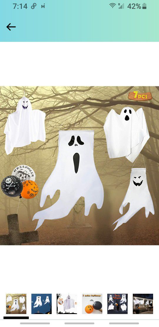 2pcs Halloween Hanging Ghosts 2pcs Halloween Cute Flying Ghost Windsocks 3pcs Balloons for Halloween Outside Decorations, Party Porch Outdoor Lawn Tre