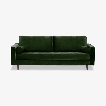 Feather Monroe Green Velvet Sofa – Mid-Century Modern Design Couch, 84” Wide, Includes Bolster Pillows