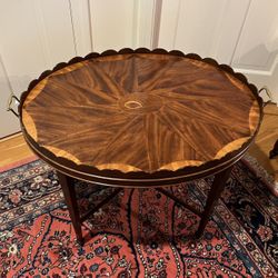 Vintage Baker Mahogany Inlaid Butler’s Tray Table with Scalloped Edge & Brass Handles