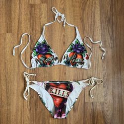 ED HARDY Vintage Y2K Rare White Eternal Love String Triangle Edgy Bikini Set