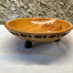  Vintage Munising Wood Bowl 9” Brown Ball Footed Thumbprint Carved Design 
