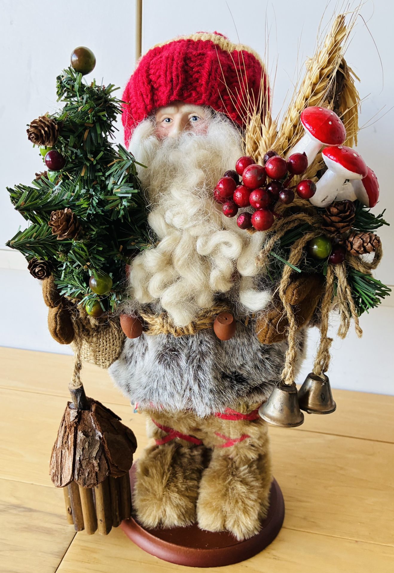 Santa Figure, 13” Tall,w/bells, Mushrooms, Wood, Tree, Reindeer.