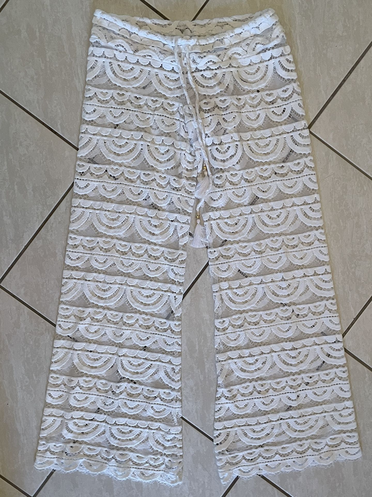PilyQ White Lace Beach Pants XS/S Crochet Sheer Swim Cover Up Resort Boho Tassel