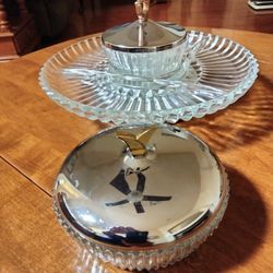 1960s Crystal Glass Relish Tray And Candy Dish With Chrome Lids And Stand
